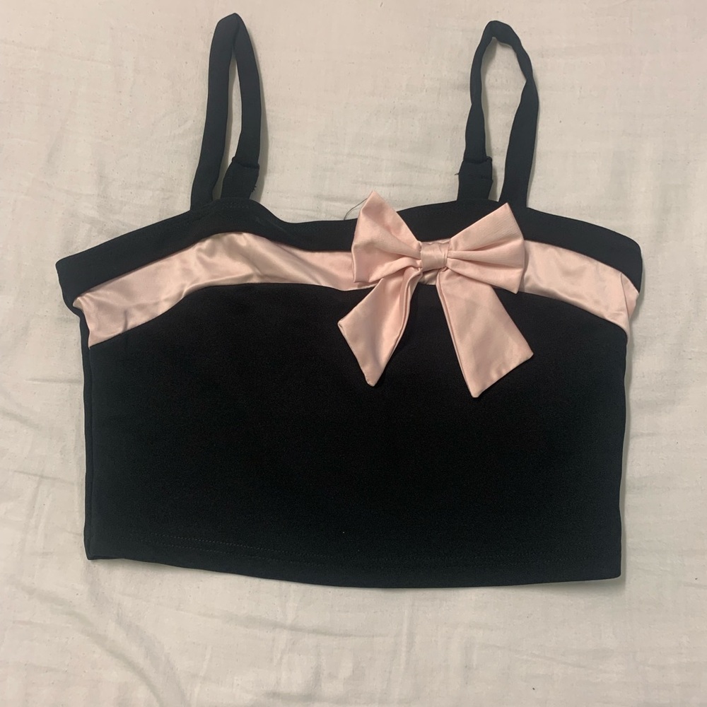 2 for $25 Black Crop Top with Pink Bow Accent